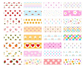 May include: A set of 30 colorful washi tapes with various patterns, including fruits, flowers, hearts, rainbows, and polka dots. The tapes are perfect for decorating journals, planners, and other craft projects.