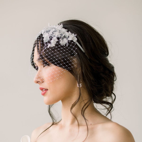 Mini lace birdcage veil on headband, mini birdcage veil,  headband veil,  mini veil,  Wedding vail, wedding veil - READY TO SHIP