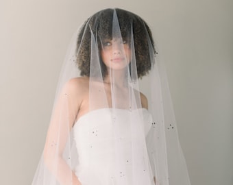 Tulle drop veil with black crystals throughout - crystal wedding veil - bridal veil - drop veil - black wedding veil - READY TO SHIP