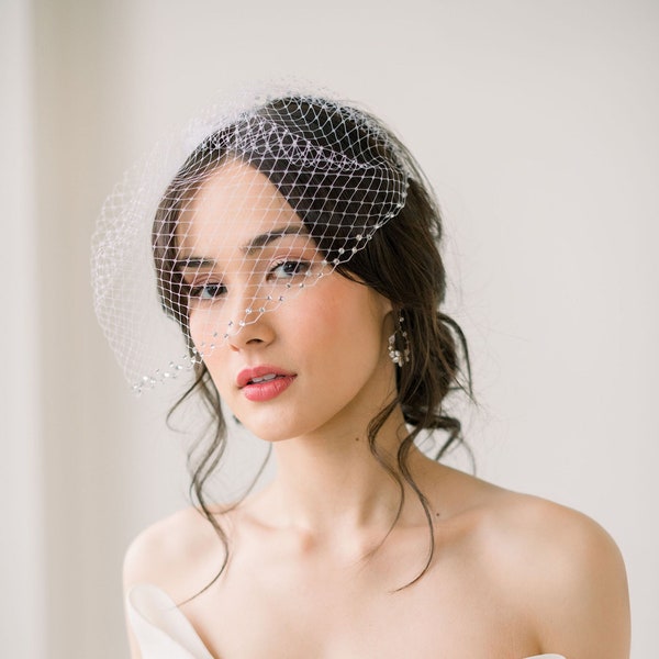 Luxe bridal birdcage veil with crystal edge, birdcage veil, crystal birdcage veil,  rhinestone blusher veil, wedding veil - READY TO SHIP