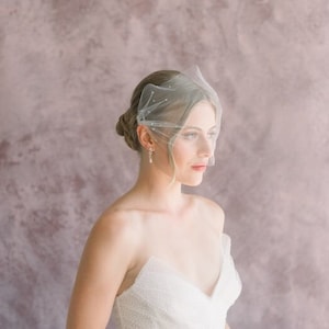 May include: A bride wearing a white strapless wedding dress with a tulle skirt and a delicate veil. The dress is embellished with small sequins. The bride is looking to the side with a soft expression.