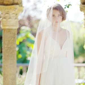 May include: A bride wearing a white wedding dress and veil, standing in front of a stone archway with greenery.