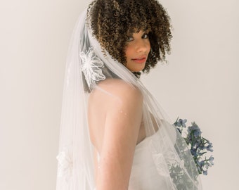 French soft tulle single tier veil with large flora - wedding veil - lace bridal veil - dew drop wedding veil - lace veil