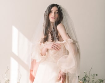 Velo de novia de tul de dos niveles con borde desmontable, elegante velo de novia.