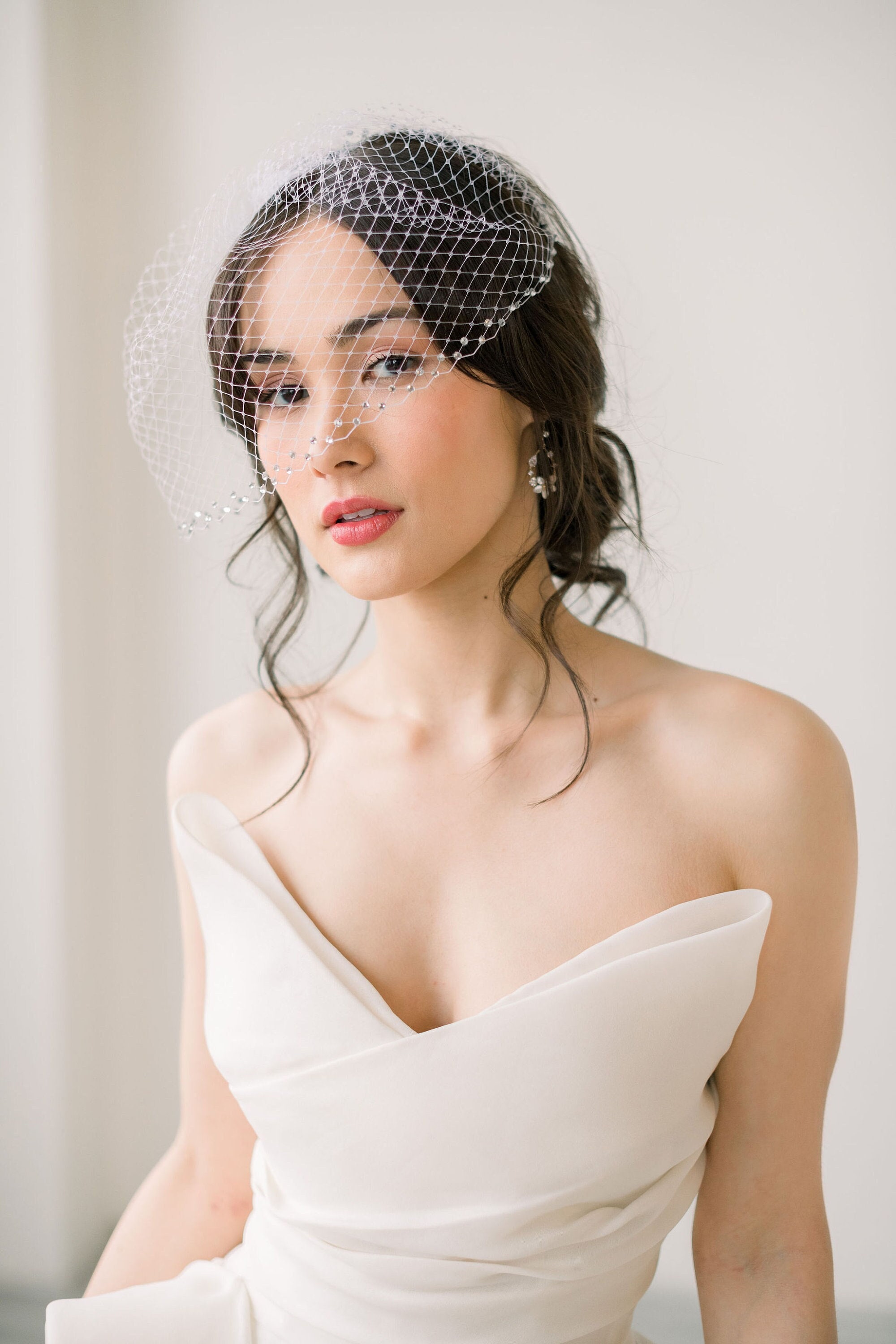 Mini Tulle birdcage veil with crystal pearl accents - ready to ship