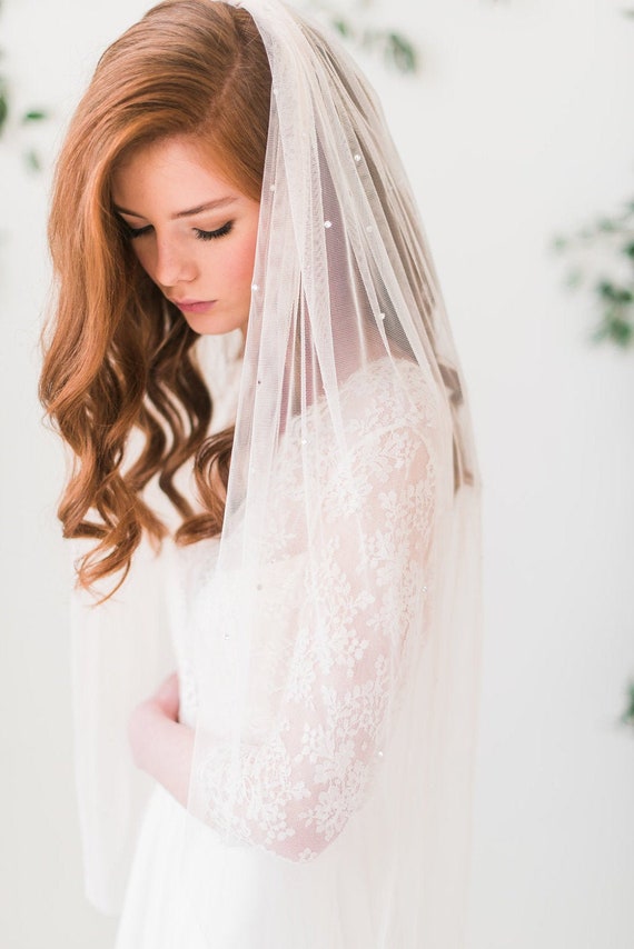 English net bridal veil with gathered crystals bridal veil | Etsy