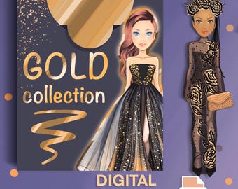 Printable Paper Doll Dress-Up Kit – Gold Fashion Collection | DIY Craft for Kids | Instant Download