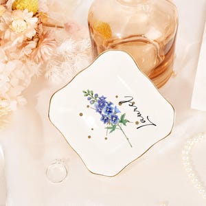 Personalised Zodiac Sign with Birth Flower Ring Dish, Heart Shape Ring Holder for Her, Constellation Jewelry Dish, Birth Flower Trinket Dish