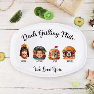 Dad&#39;s Grilling Plate,Father&#39;s Day Gift,Personalized Daddy&#39;s Grilling Plate with Kid&#39;s Names on Burger,Face Grilling Platter,BBQ Gift for Dad