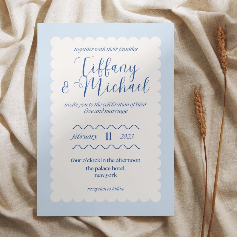 Minimalist Wedding Invitation Template, Scalloped Border, Wedding ...