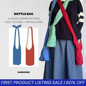 May include: The image shows a bottle bag in blue, red, and green, worn over the shoulder. A diagram of the bottle bag in blue and red is also visible. The text on the image reads "BOTTLE BAG" and "2x A4 PDF SEWING PATTERN VIDEO TUTORIAL + INSTRUCTIONS".