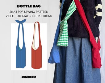 May include: A blue, red, and green bottle bag is shown in the image. The bag is worn over the shoulder. The image also shows a diagram of the bottle bag in blue and red. The text on the image says "BOTTLE BAG" and "2x A4 PDF SEWING PATTERN VIDEO TUTORIAL + INSTRUCTIONS".