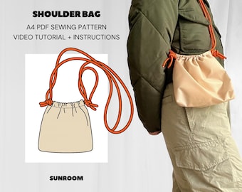 Schultertasche Schnittmuster PDF, DIY-Schultertasche mit Seilgurt, Einfache Umhängetasche mit Knotengriff, Reisetasche mit Kordelzug