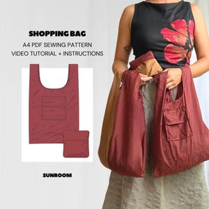 Shopping Bag with Foldable Pocket Sewing Pattern, DIY Reusable Market Tote, Easy to Sew Foldable Grocery Bag, Shopping Bag Pattern PDF