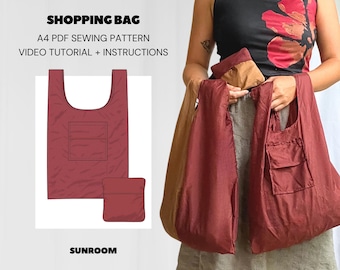 Einkaufstasche mit faltbarer Tasche Schnittmuster, DIY wiederverwendbare Markttasche, einfach zu nähende Einkaufstasche, Einkaufstaschen-Muster-PDF