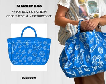 Markttasche Nähen Muster PDF, Wiederverwendbare Einkaufstasche mit Tasche für Schlüssel und Telefon, einfache DIY Einkaufstasche, haltbare Strandtasche Nähprojekt