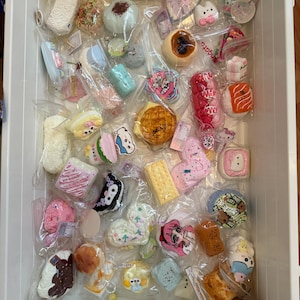 May include: A collection of colorful, miniature food-themed squishies in a white plastic bin. The squishies include cakes, sushi, waffles, and other desserts. Each squishy is individually packaged in clear plastic.