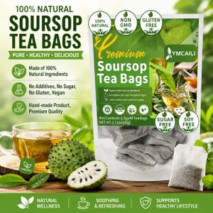 Peut inclure: Un sachet blanc de sachets de thé au corossol YMCAILI Premium avec des accents verts, contenant 40 sachets de 1,5g chacun, pour un total de 60g. L'emballage présente du texte et des icônes indiquant les propriétés naturelles, sans OGM, sans gluten.