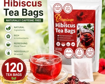 Hibiscus theezakjes, cafeïnevrije kruidenthee, natuurlijke bloementhee, suikervrije thee, hibiscusbloemthee, 120 theezakjes