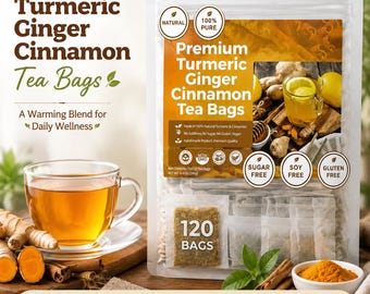Sachets de tisane curcuma, gingembre et cannelle, 30 sachets, mélange bien-être sans caféine
