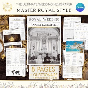 Könnte beinhalten: Eine Hochzeitszeitungsvorlage im königlichen Stil mit einem Schwarzweißfoto eines Kircheninneren. Der Text auf der Vorlage lautet "Königliche Hochzeit Glücklich bis ans Ende" und "Aston & Lauren". Die Vorlage umfasst 8 Seiten, einen Fragebogen, Bonusseiten und eine Anleitung.