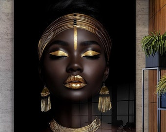 Gold African Woman Tempered Glass Wall Art: Elegant Afrocentric Decor