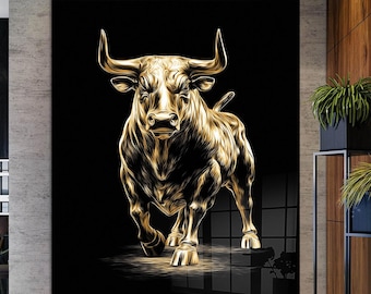 Gold Bull Tempered Glass Wall Art: Powerful Statement Piece