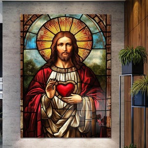 Sacred Heart of Jesus Tempered Glass Wall Art: Stained Glass Christian Decor