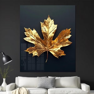 Ahornblatt Wandkunst, gehärtetes Glas Wandkunst, Glasdruck, große Glas Wandkunst, Blattgold Wandkunst, Blattgold Glaskunst, Ahornblatt Druck