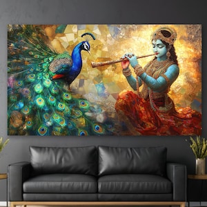 Arte de parede em vidro temperado Krishna: decoração de deus hindu, pintura indiana