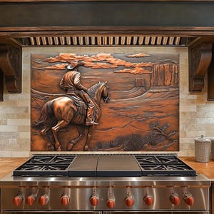 Cowboy Tempered Glass Kitchen Backsplash: Rustic Copper Look