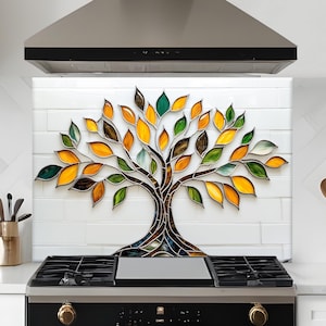 Arbre de vie dosseret, panneau de dosseret de poêle en verre trempé, couverture arrière de poêle, décoration de cuisine, couverture de dessus de cuisinière, carreau de dosseret de cuisine