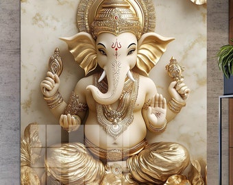 Tempered Glass Ganesh Wall Art: Gold Hindu God Decor