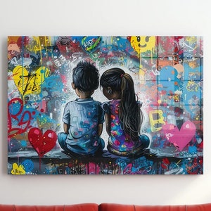 Banksy Style Tempered Glass Wall Art: Boy & Girl Graffiti Design