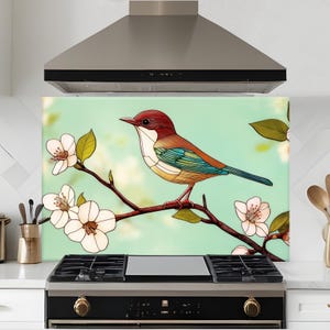 Dosseret oiseau, dosseret en verre trempé, dosseret de cuisine oiseau en vitrail derrière la cuisinière, dosseret en verre pour la cuisine