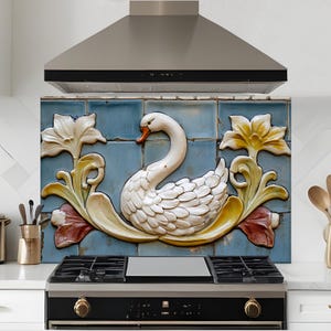 Dosseret cygne en céramique, dosseret en verre trempé, crédence de cuisine, couverture arrière de cuisinière, oeuvre d'art murale en verre trempé, couvercle de cuisinière pour le gaz