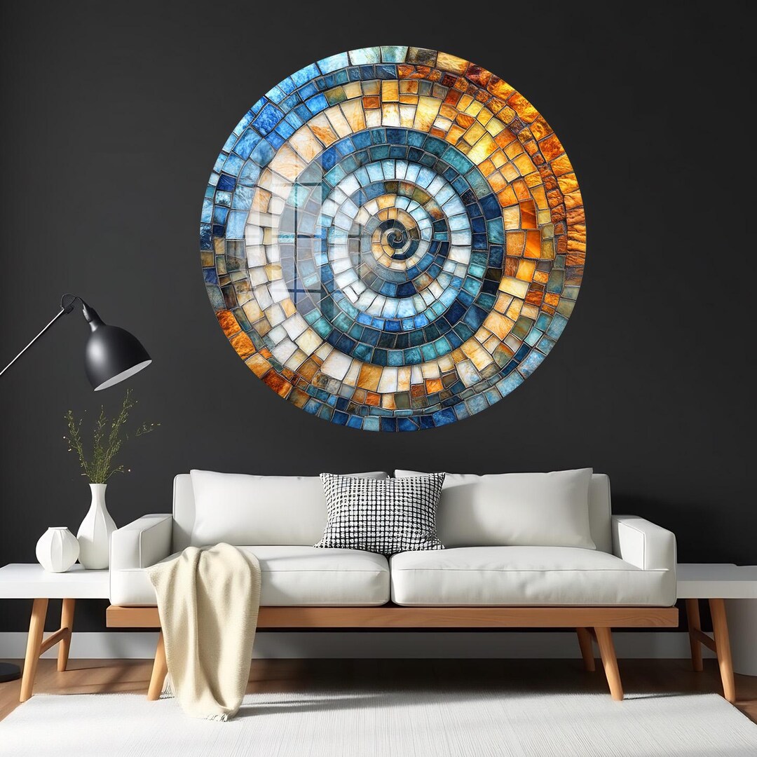 Spiral Mosaic Wall Art Blue Gold Tempered Glass Round Decor Modern ...