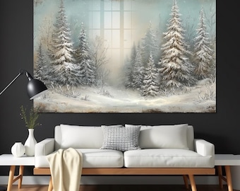 Winter Forest Glass Wall Art, Snowy Landscape Home Decor, Christmas Tempered Glass Print