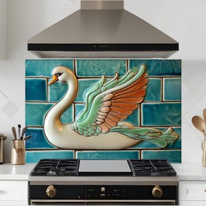 Dosseret en verre trempé, crédence de cuisine cygne en céramique, couverture arrière de poêle, oeuvre d'art murale en verre trempé, couvercle de cuisinière à gaz, décoration de cuisine