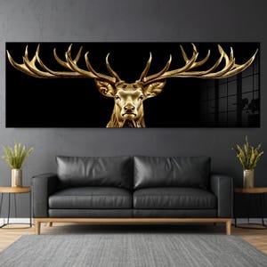 Extra Large Panoramic Deer Wall Art Glass Print, Modern Gold Style Wall Hanging, Elegant Home Office Decor, Luxury Animal Wall Decoration