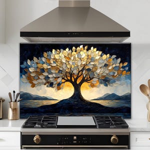 Impressão de backsplash de vidro temperado Tree Of Life - Backsplash de mosaico para fogão de cozinha - Azulejo de backsplash de árvore de mosaico