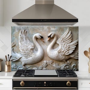 Dosseret en verre trempé, crédence de cuisine cygne en pierre, coque arrière de poêle, oeuvre d'art murale en verre trempé, couvercle de cuisinière à gaz, décoration de cuisine