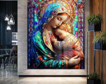 Virgin Mary Tempered Glass Wall Art: Christian Stained Glass Decor