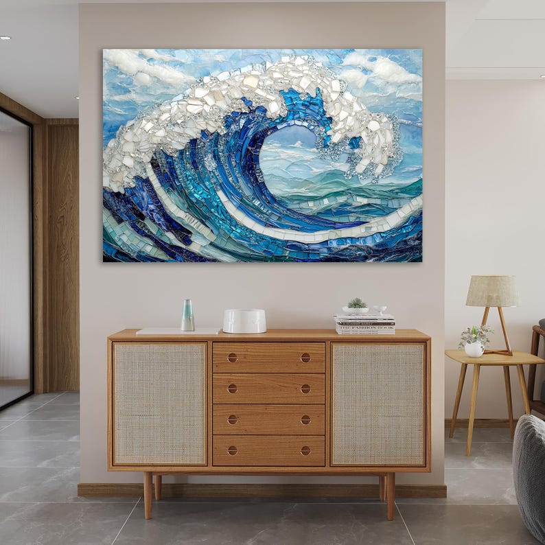 Ocean Wave Mosaic Glass Wall Art, Tempered Glass Sea Decor, Coastal ...