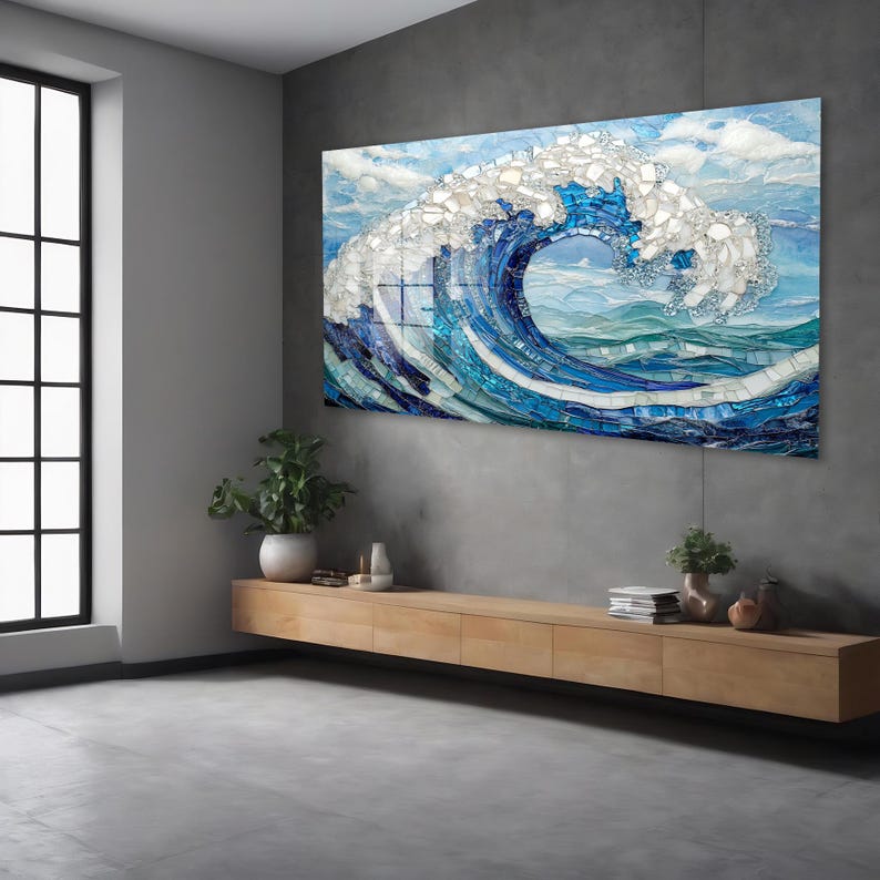 Ocean Wave Mosaic Glass Wall Art, Tempered Glass Sea Decor, Coastal ...