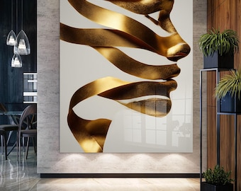 Golden Face Profile Glass Wall Art: Modern  Home Decor