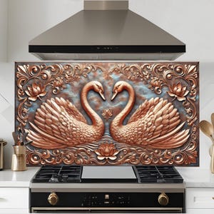 Dosseret en verre trempé, crédence de cuisine cygne en cuivre, couverture arrière de poêle, oeuvre d'art murale en verre trempé, couvercle de cuisinière à gaz, décoration de cuisine