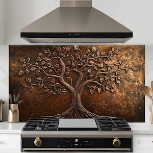 Copper Tree of Life Tempered Glass Kitchen Backsplash