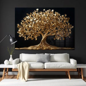 Gold Tree of Life Glass Wall Art: Elegant Tempered Glass Decor