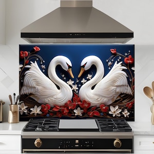 Dosseret en verre trempé, crédence de cuisine cygne blanc, façade arrière de poêle, oeuvre d'art murale en verre trempé, couvercle de cuisinière à gaz, décoration de cuisine